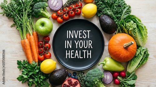 Healthy assortment of colorful organic produce framing a central plate inscribed with invest in your health typography.