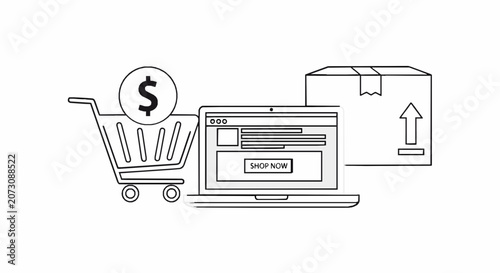 Online shopping concept with shopping cart, laptop and delivery box
