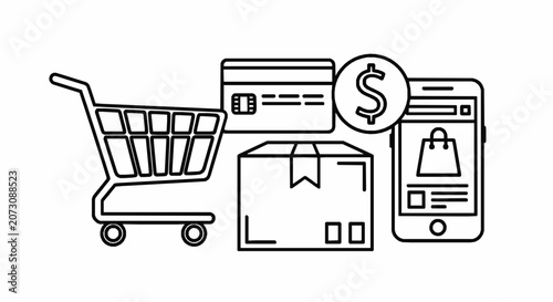 Online shopping and ecommerce icons set including shopping cart, credit card, money, package and smartphone
