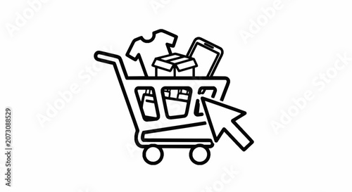 Shopping cart icon with products and cursor