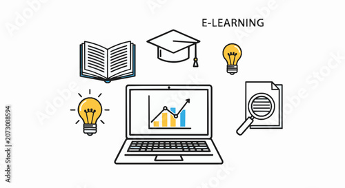 Elearning concept with laptop, graduation cap, book, light bulb and magnifying glass