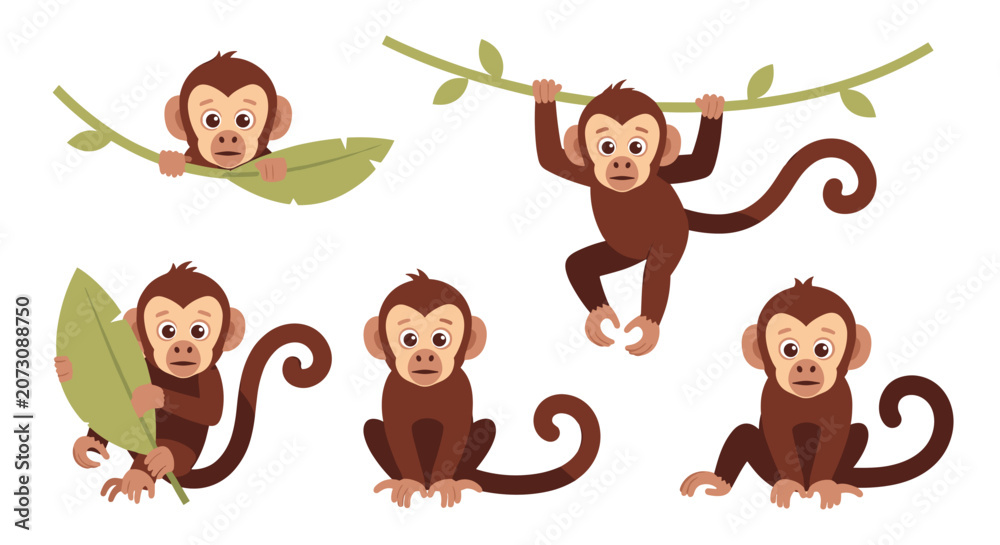 Fototapeta premium Cute Cartoon Monkeys in Various Poses Set.