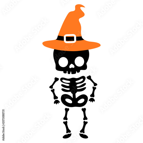 Cute Halloween illustration featuring a smiling skeleton wearing an orange witch hat.