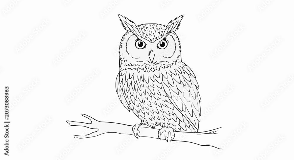 Obraz premium Hand drawn illustration of a majestic owl perched on a tree branch