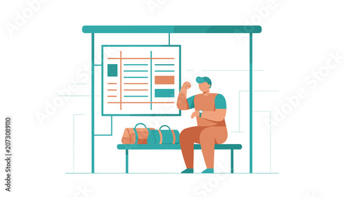 Traveler sitting at a bus station terminal with luggage, checking the time on a watch, waiting for transportation in urban setting.