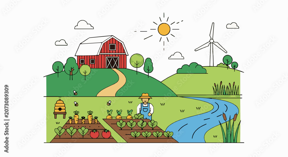 Fototapeta premium Vector illustration of a farm landscape with a farmer, barn, windmill, and vegetable garden