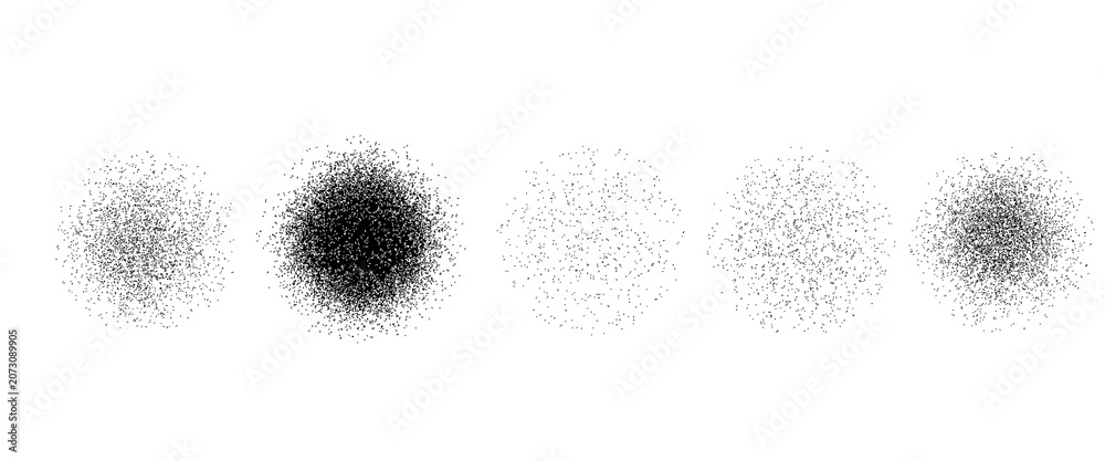 Fototapeta premium Stippled radial brush strokes. Grain dotted gradient collection. Grunge sprinkle spray texture. Dirty dust sand noise round elements. Splattered dotted overlay set. Black splashed stains spots vector