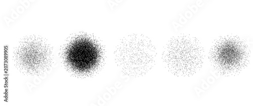 Stippled radial brush strokes. Grain dotted gradient collection. Grunge sprinkle spray texture. Dirty dust sand noise round elements. Splattered dotted overlay set. Black splashed stains spots vector