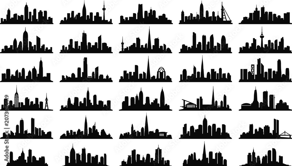 Obraz premium Global city skyline silhouette set with diverse architectural landmarks and urban profiles for travel, design, and presentations