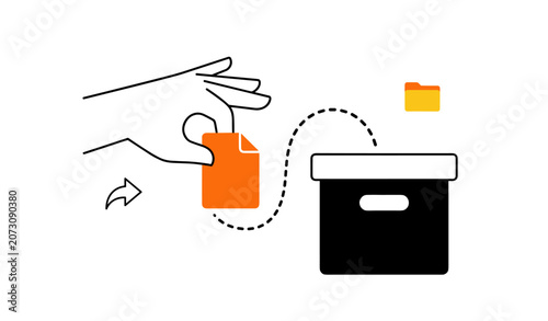Hand placing file into storage box against yellow circular background