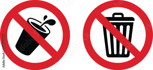 No food or drink allowed and do not litter trash forbidden warning signs collection with red prohibition circle vector elements.