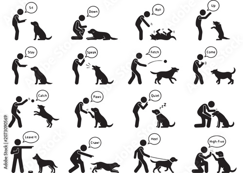 Dog training stick figure icon set, 16 pet obedience command vector illustrations, black and white animal behavior and canine coaching symbols