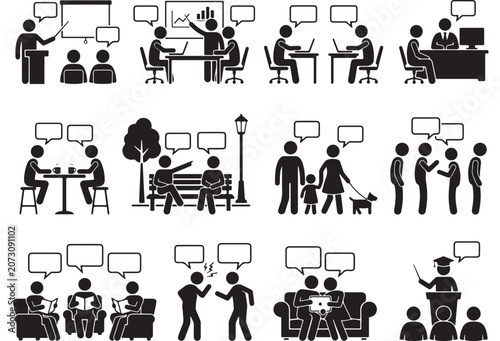 Business and social communication stick figure icon set, people talking and meeting vector pictograms, office teamwork and family life silhouettes