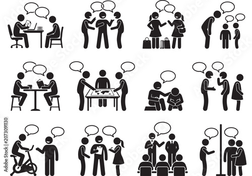 People talking and communication icon set, black stick figure silhouettes of social interaction, 12 vector scenes of human conversation and dialogue