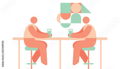 Two people sitting together at a high table with glasses while having a casual conversation with abstract geometric shapes floating above them.