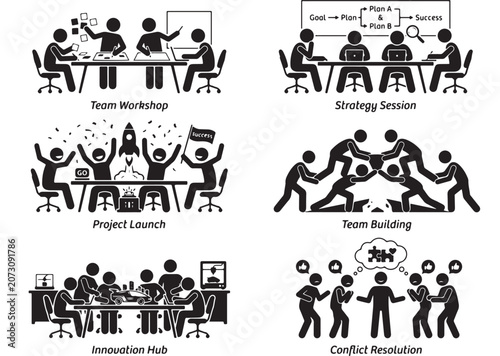 Business stick figure icons set, professional team workshop and strategy session pictograms, project launch and team building vector illustrations