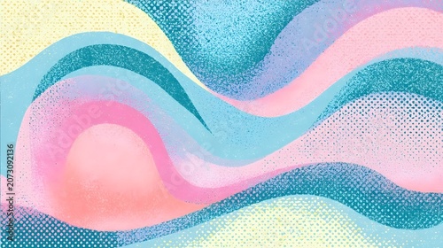 Pastel colored linocut print texture cover or brochure. Boho risograph overlay print texture background. Riso or linocut printmaking with screen analog overlay. Vintage pastel colored halftone