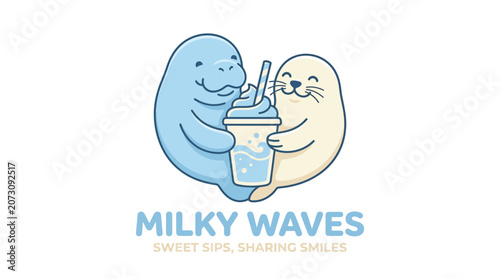 Cute manatee and seal character milkshake logo.