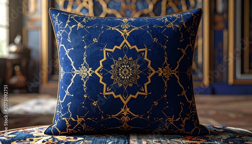 Elegant Blue and Gold Decorative Pillow with Intricate Design.