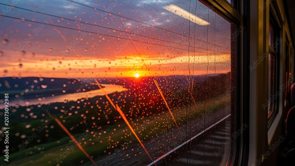Obraz premium P?r do sol visto da janela de trem