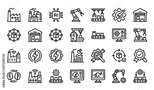 Industry 4 0 line icons smart factory automation and technology concepts