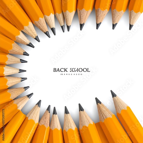 A circle of yellow pencils with black tips on a white background forming a frame around back to school text
