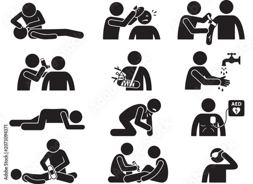 First aid emergency medical icons set, black stick figure pictograms for injury treatment and life saving procedures, 12 vector elements for safety manuals