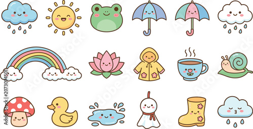 Photos Cute rainy season and weather icons vector set in kawaii style isolated on white