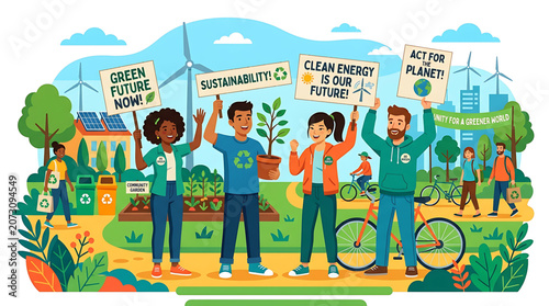 Diverse Group of Young Volunteers Promoting Environmental Sustainability and Green Energy Initiatives for a Healthier Planet Future