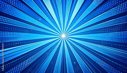 Blue comic book radial burst with halftone dots and gradient effects