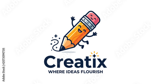 Cute pencil mascot character logo for creative ideas.