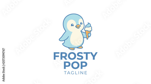Cute penguin holding ice cream cone mascot logo design