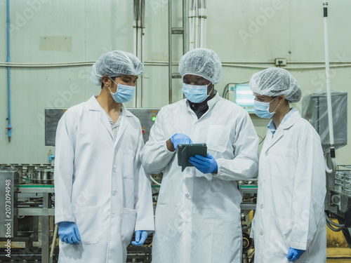 Vászonkép Diverse engineers controlling food manufacturing with tablet