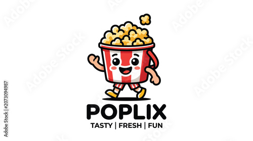 Cute popcorn box mascot logo for cinema or snack brand.
