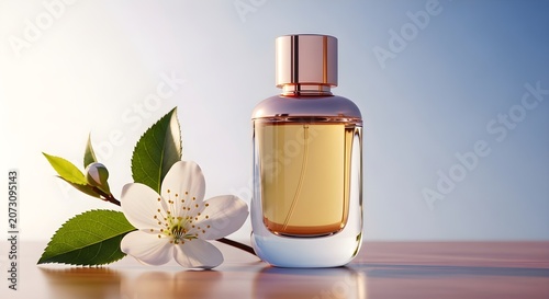 Luxury perfume bottle with golden liquid, accompanied by a delicate white cherry blossom flower on a wooden surface against a clear blue sky