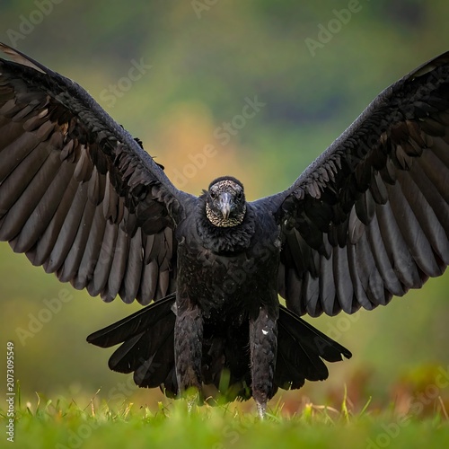 A black bird with outstretched wings standing on green grass