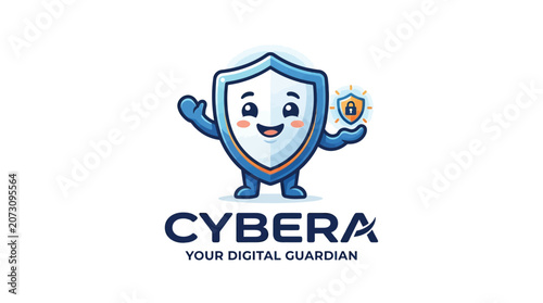Cute shield mascot holding a padlock for cybersecurity.