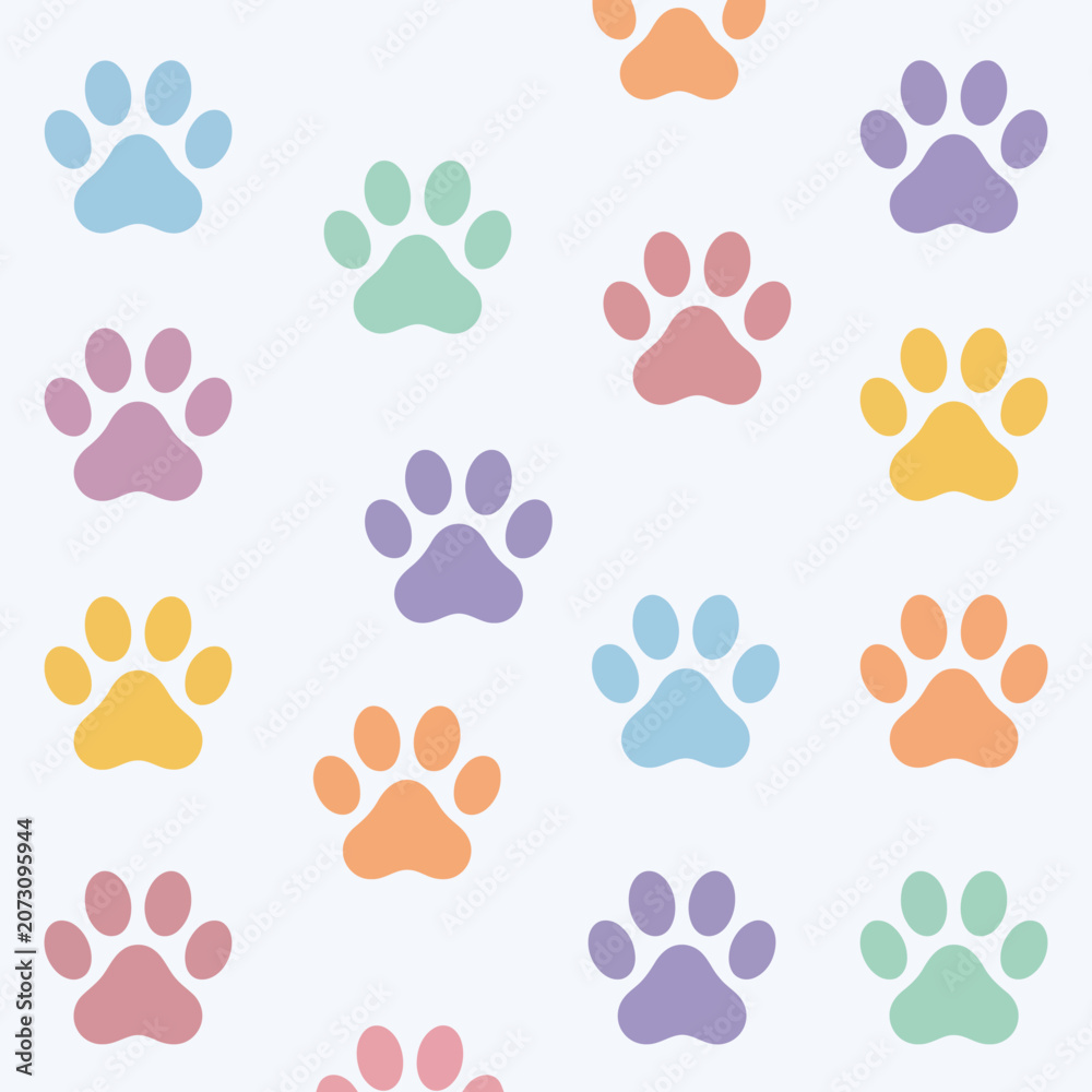 Fototapeta premium A colorful pattern of cute animal paw prints on white background