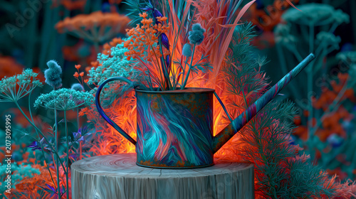 Vintage Watering Can in Wildflowers with Warm Backlight
