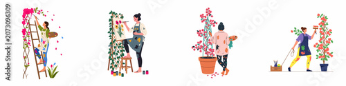 Schilderij op canvas Flat vector illustration set of female artists painting beautiful floral arrangements, plants, and vines in a creative studio or garden setting