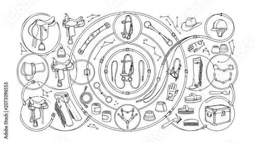 Foto Equestrian equipment vector line art collection, horse riding gear and accessori