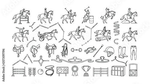 Bild auf Leinwand Equestrian sports vector icon set, horse riding competition elements, dressage, show jumping, and polo outline graphics, a comprehensive collection for equine-themed designs