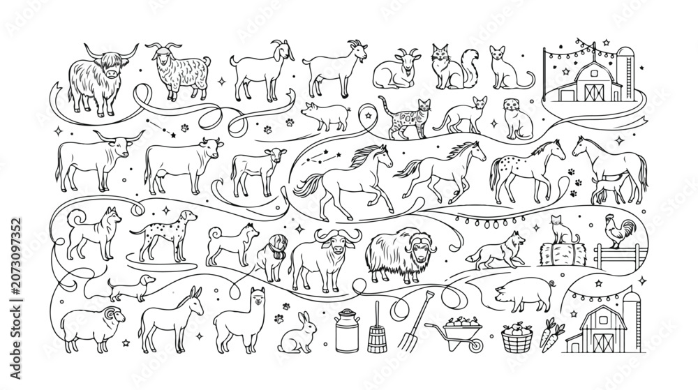 Fototapeta premium Farm animals vector collection, hand-drawn domestic livestock and pets, agricultural barnyard creatures, outline illustration set for children's books and educational materials