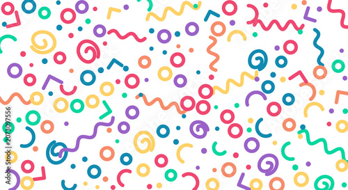 Colorful memphis pattern with various geometric shapes on transparent background.