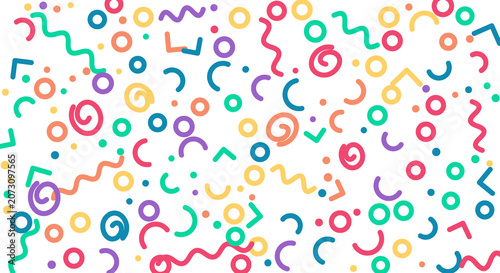 Scattered party confetti and abstract doodles on a transparent background for creative designs.