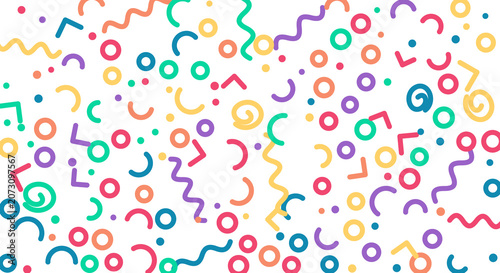 Dynamic abstract shapes and confetti scattered across a transparent backdrop for event invitations.