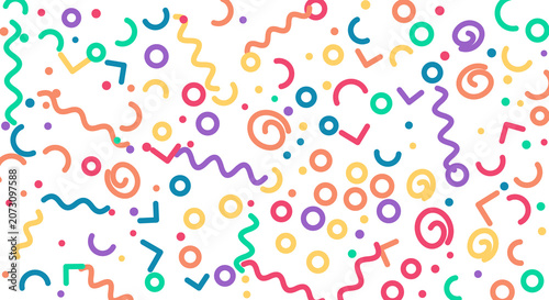 Vibrant confetti and whimsical swirls overlay on a transparent background for festive projects.