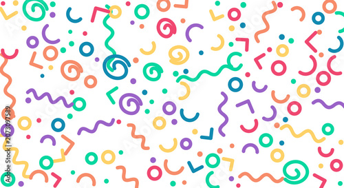 Creative memphis pattern with colorful geometric shapes on transparent background.