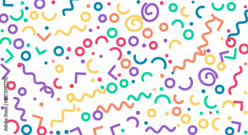 Bright and cheerful confetti and streamers overlay on transparent grid background.