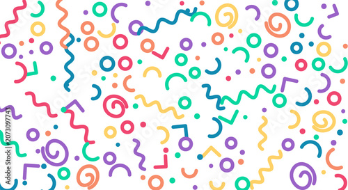 Funky memphis pattern with variety of colorful geometric objects and lines on transparent backdrop.